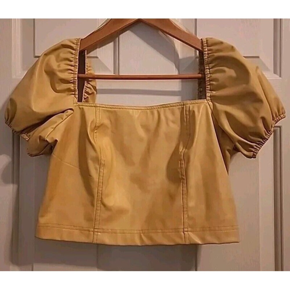 7 For all Mankind Womens Crop Top Puffy Sleeves Small Pale-Yellow Vegan Leather